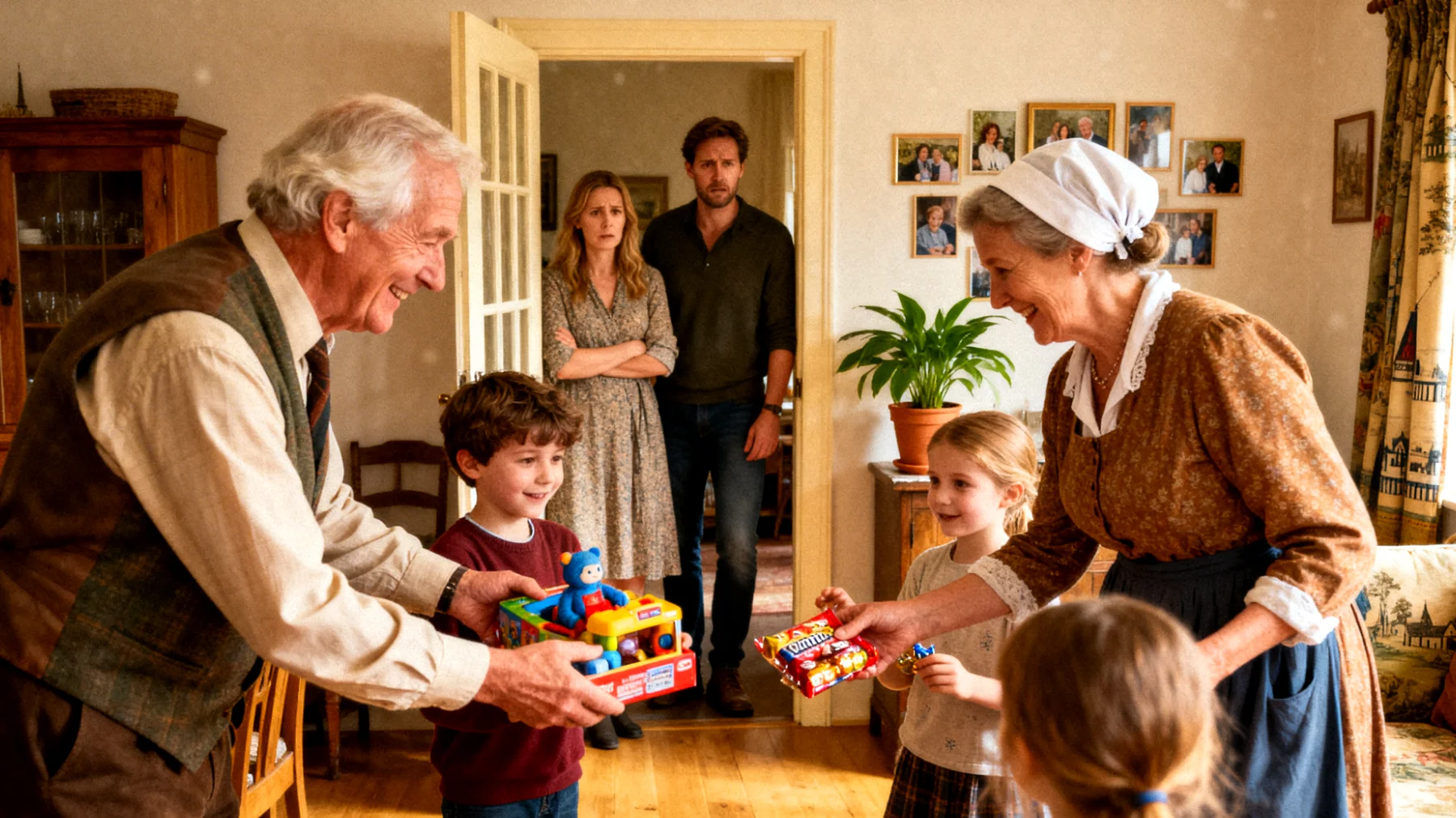 Grootouders die moeite hebben met 'nee' zeggen tegen hun kleinkinderen, wat leidt tot onduidelijke grenzen, mogelijke verwenning en potentiële conflicten met de ouders over opvoedingsstijlen"